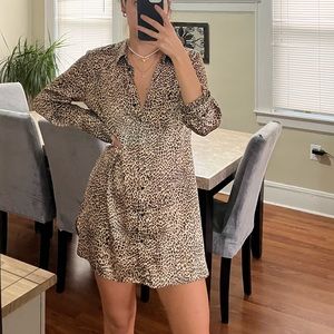 Zara leopard/cheetah print satin shirt dress